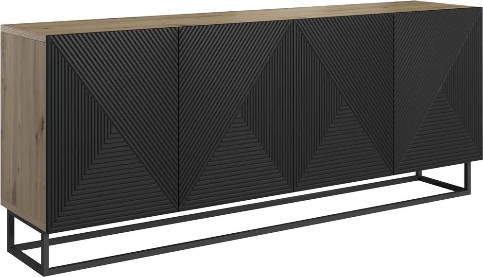 Comodă Asha 200 cm cu patru uși - artisan / negru mat / cadru negru