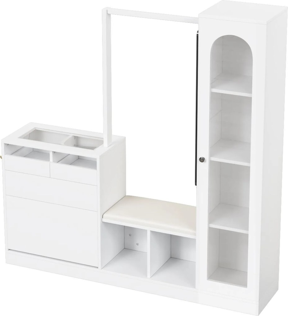 Combinație 6-în-1 pentru intrare cu iluminare LED, set cuier, masă de toaletă, bancă pentru pantofi, dulap rabatabil pentru pantofi și vitrină din sticlă, 163x35x161 cm, Alb