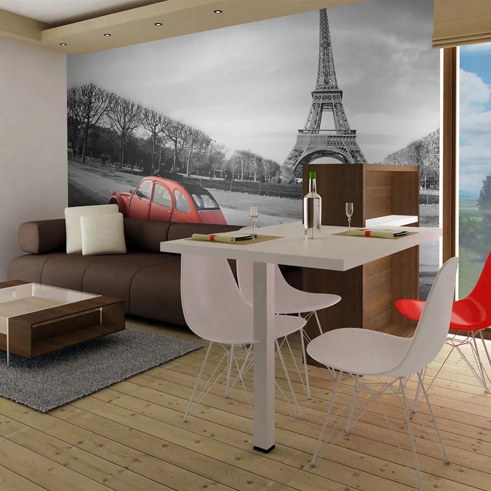 Fototapet Bimago - Eiffel Tower and red car + Adeziv gratuit 200x154 cm