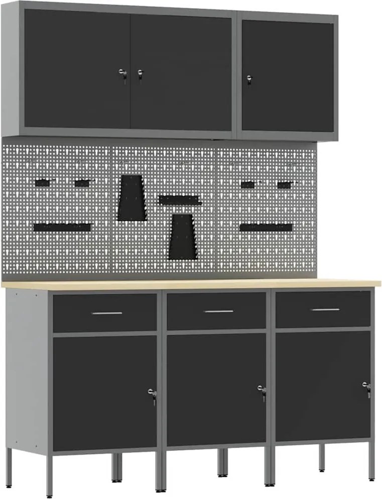 vidaXL Dulap de lucru cu sertar 8 pcs Negru Lemn ingineresc și oțel