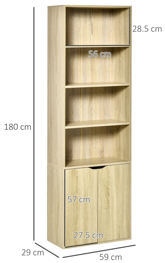 HOMCOM Bibliotecă Dulap de cărți cu 4 compartimente deschise și 2 uși pentru sufragerie și birou 59x29x180 cm Lemn natural | Aosom Romania