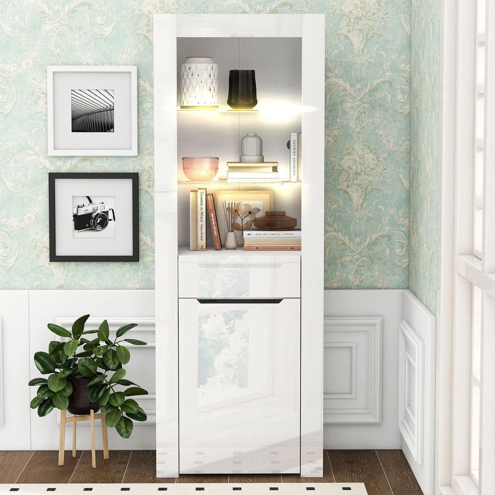 Comodă Modernă cu Lumini LED și Rafturi, Ideală pentru Bucătărie, Living și Birou, 60x35,5x165 cm, Albă