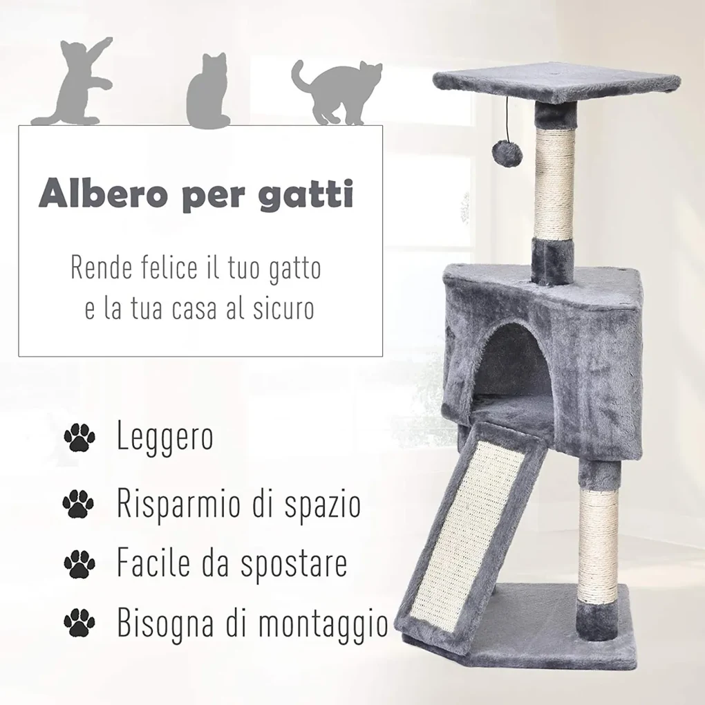 PawHut Arbore pentru Pisici Compact, Design cu Frânghie Sisal pentru Zgâriat, Gri, 40x40x98cm | Aosom Romania