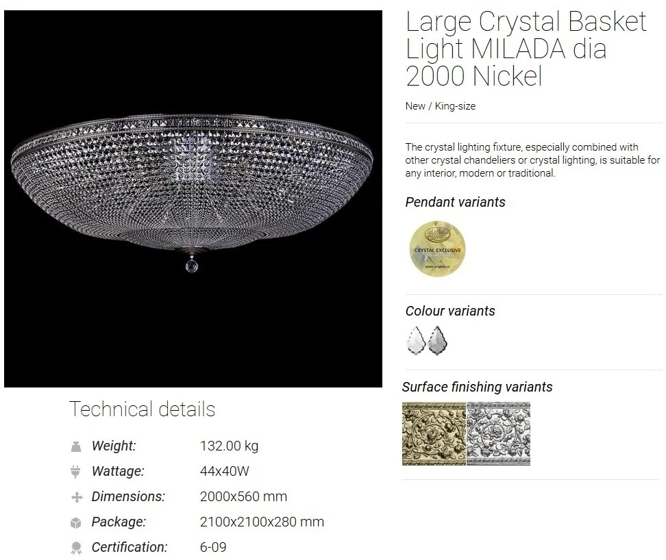 Plafoniera XXXL cristal Bohemia MILADA dia 2000 Nickel