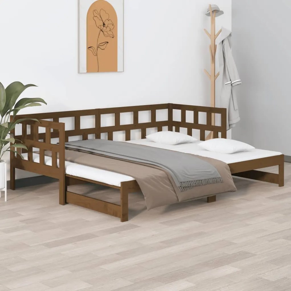820235 vidaXL Pat extensibil de zi, maro miere, 2x(90x190) cm, lemn masiv pin