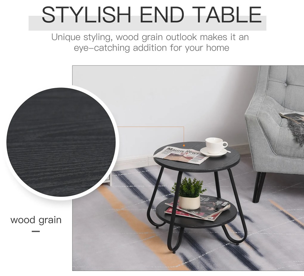 HOMCOM Masuta Rotunda, blat dublu, cadru din metal, pentru casa birou, negru, Φ50 x 46.5cm Rotunda blat metal negru