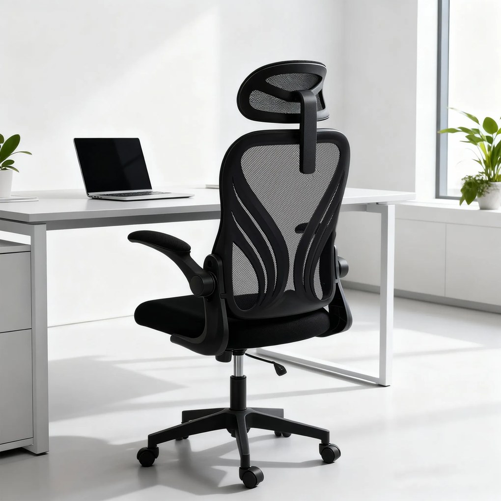 HOMCOM Scaun de Birou Ergonomic cu Brațe Rabatabile și Spătar Pliabil, Scaun de Birou cu Funcție Balansoar, Tetieră Reglabilă, Șezut Rotativ, Negru | Aosom Romania