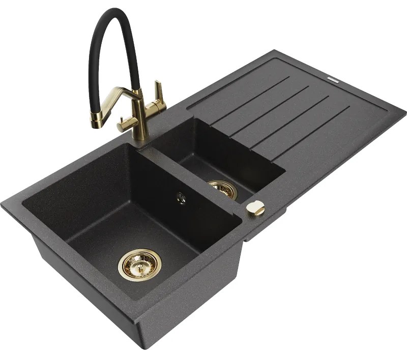 Mexen Andres chiuvetă de granit cu 1,5 camere și scurgător și baterie de bucătărie Duo, negru stropit - 6515-76-671701-57-G