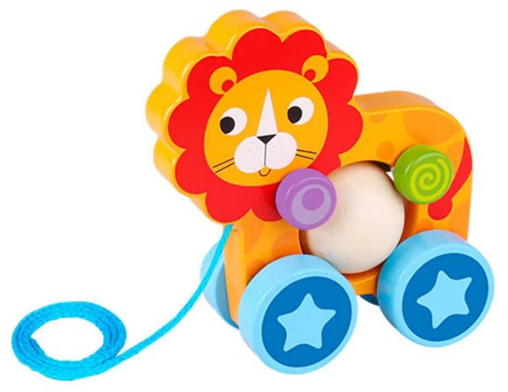 Jucarie educativa de tras din lemn masiv NOVOKIDS™ My first Tiny Lion, Cu roti, Motricitate , Cu sfoara de tractare, Materiale Eco, Galben