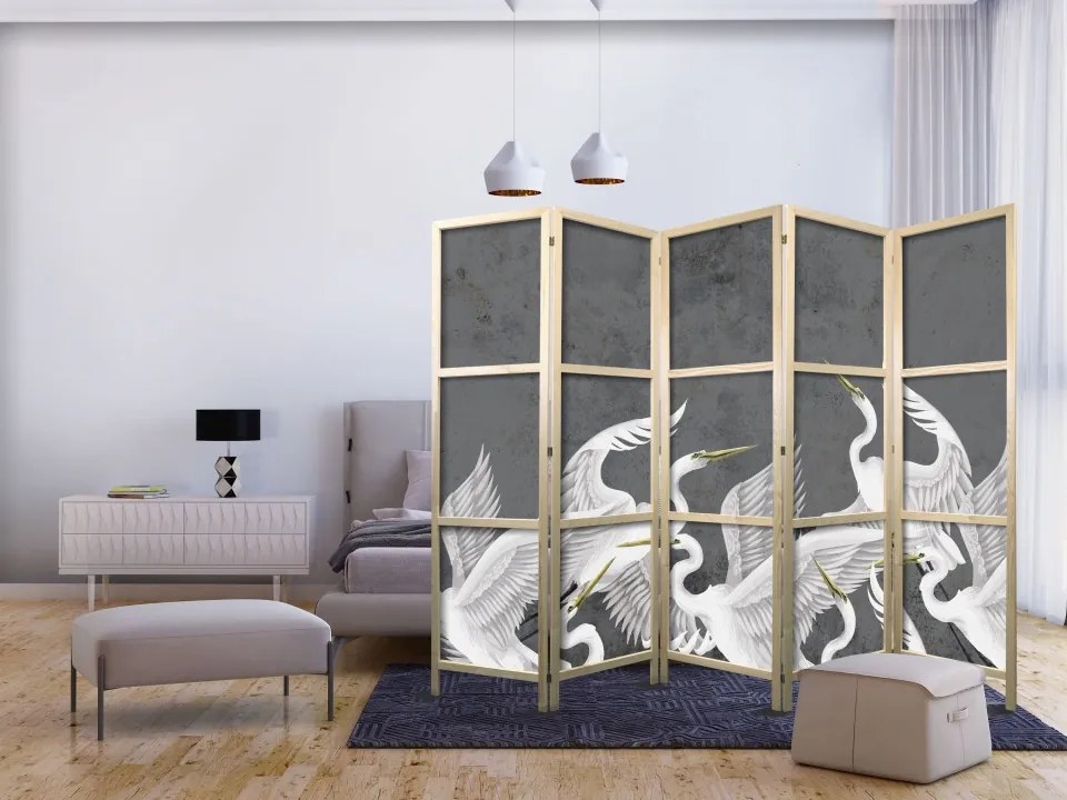 Paravan japonez - Flutter of wings - white herons on dark grey background with texture