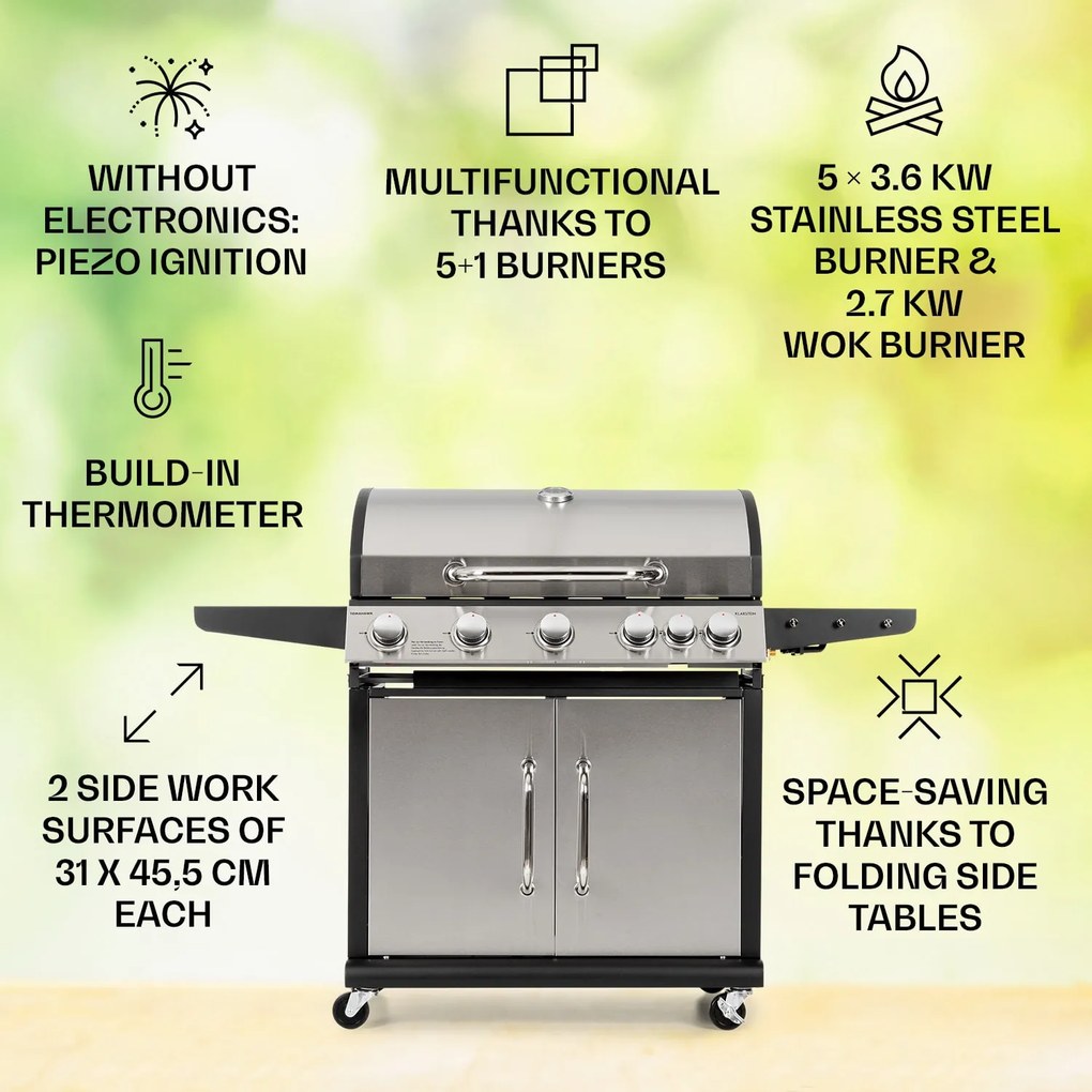 Tomahawk, grătar cu gaz, 5 arzătoare de 3,6 kW + arzător 2,7 kW, 80 x 43,5 cm, grătar din oțel inoxidabil