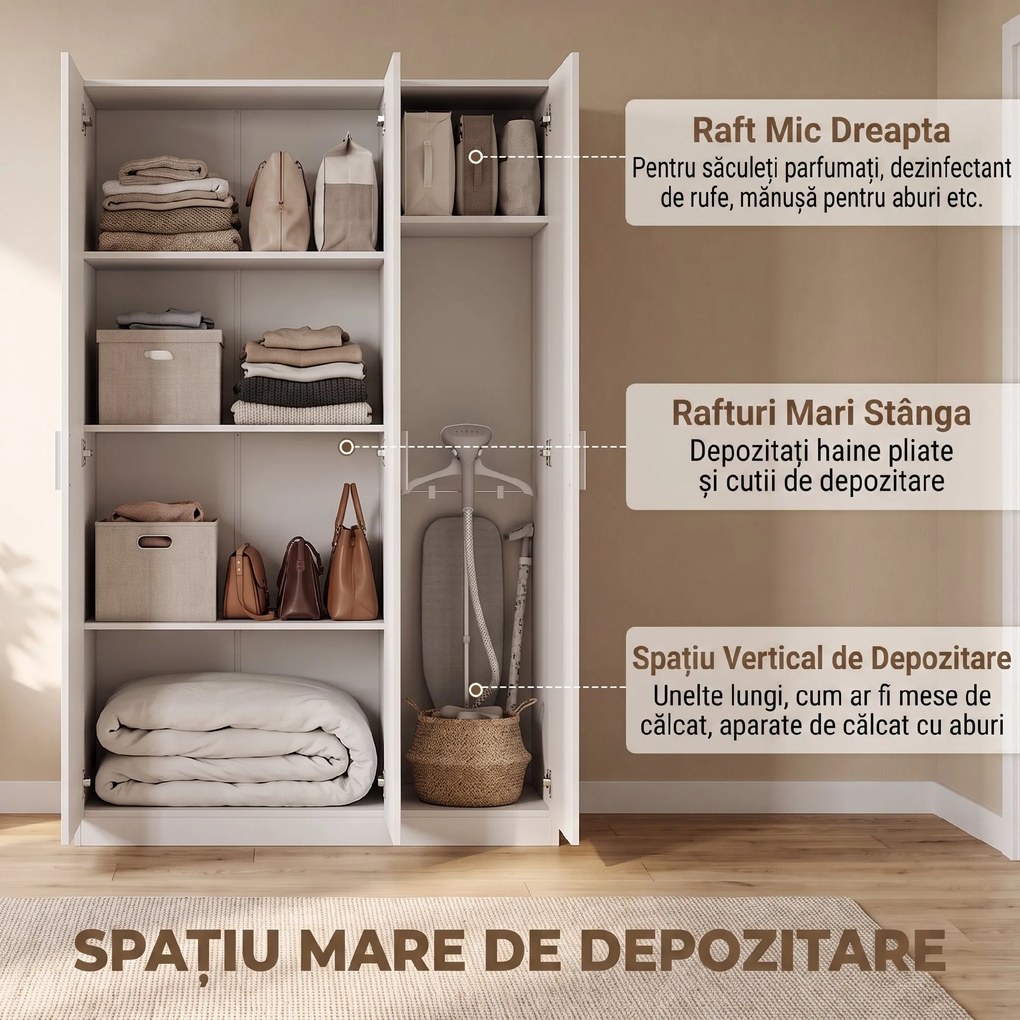 HOMCOM Dulap cu Rafturi Reglabile și Uși cu Închidere Lentă pentru Dormitor, Alb | Aosom Romania