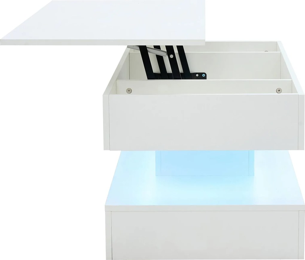Masă de cafea modernă cu iluminare LED și spațiu de depozitare ascuns, măsuță laterală cu sistem hidraulic de ridicare, 100x50x42 cm, Alb