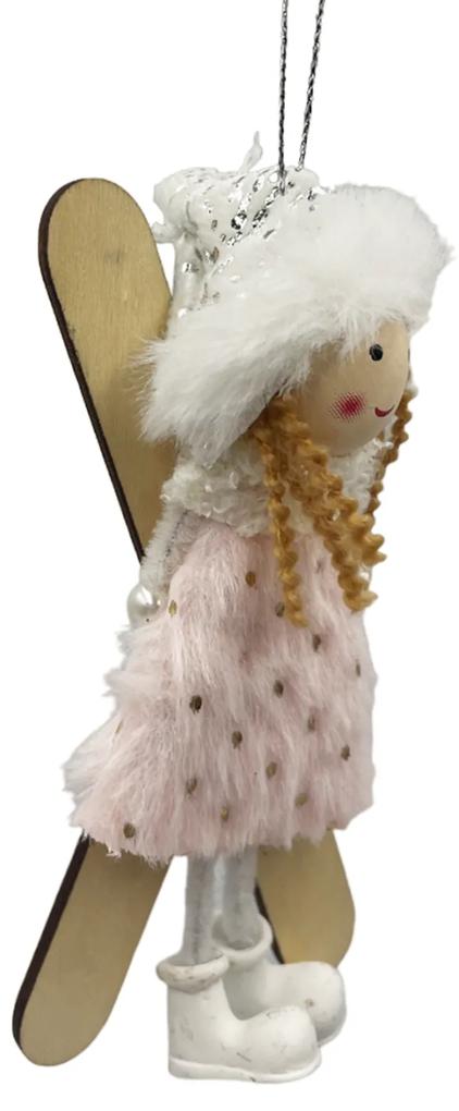Ornament brad Craciun Fetita cu schiuri Holly 13cm, Roz