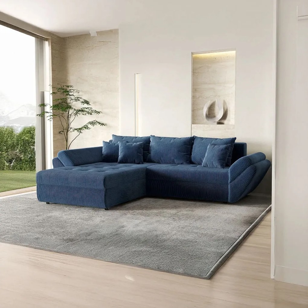 Colțar extensibil dumonde cu ladă de depozitare si sezut confortabil din spuma high-density, Loana Zoom Blue 270x185 cm