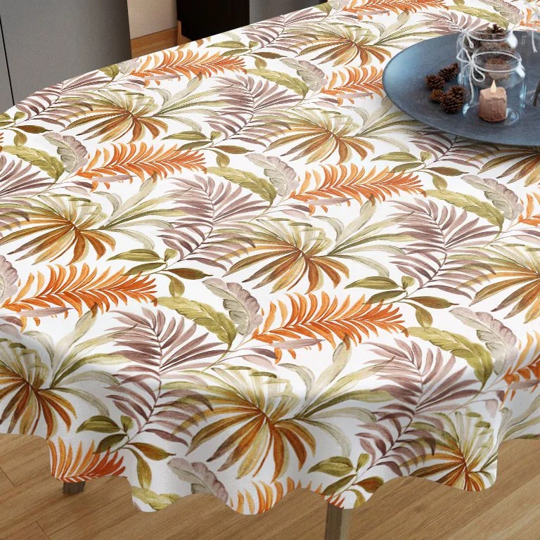 Goldea față de masă decorativă  loneta - frunze de palmier colorate - ovală 120 x 200 cm