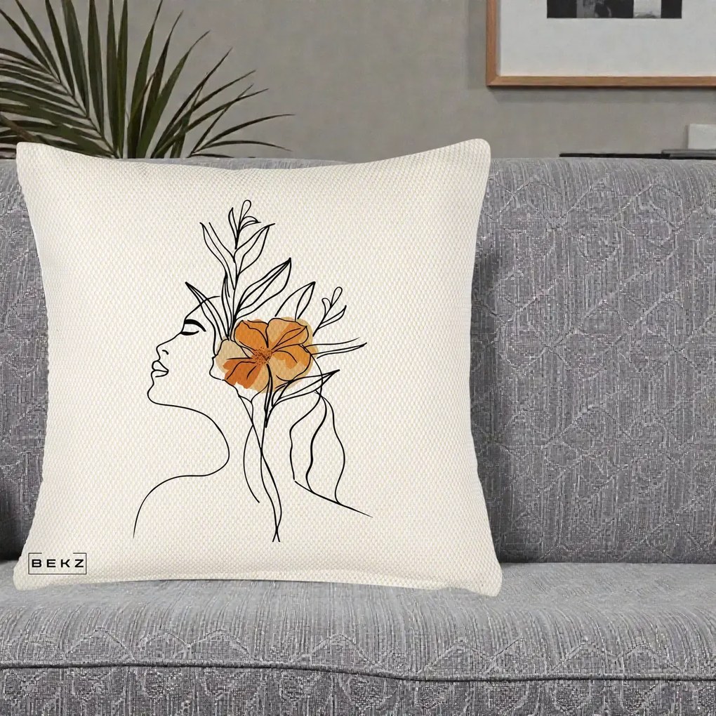 Perna Decorativa Portret Feminin Floare Portocalie Lateral, 40x40 cm, Crem Reliefat, Husa Detasabila, Perna Inclusa, BEKZ®
