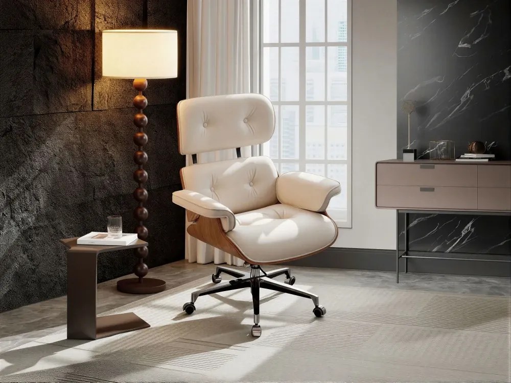 EXECUTIVE PRESTIGE – Scaun Directorial Ergonomic Premium, cu Piele PU, Furnir din Lemn Natur, Bază din Aluminiu, Reglaj pe Înălțime și Funcție de Înclinare, Alb