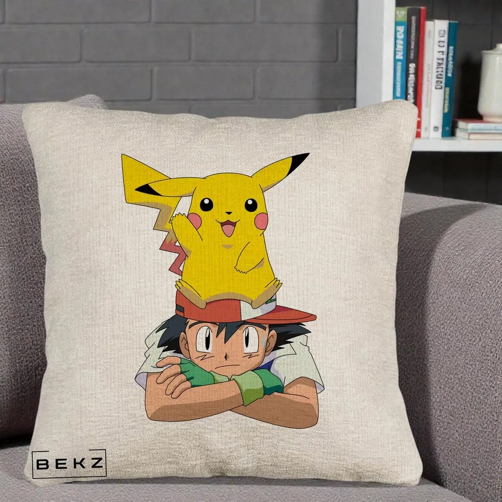 Perna Personalizata Ash si Pikachu, 40x40 cm, Bej Canapea, Husa Detasabila, Perna Inclusa, BEKZ®