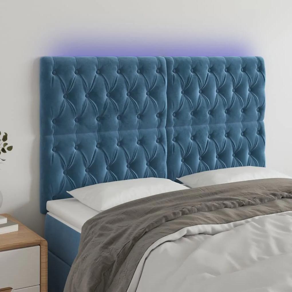 3122818 vidaXL Tăblie de pat cu LED, albastru închis, 160x7x118/128cm, catifea