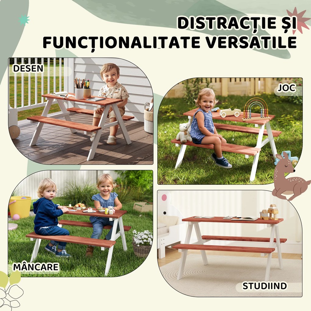Outsunny Set Masă de Picnic pentru Copii, Masă și Băncuțe din Lemn, Mobilier de Grădină pentru Copii, Jocuri de Exterior, Vârsta 3-8 Ani, Maro | Aosom Romania