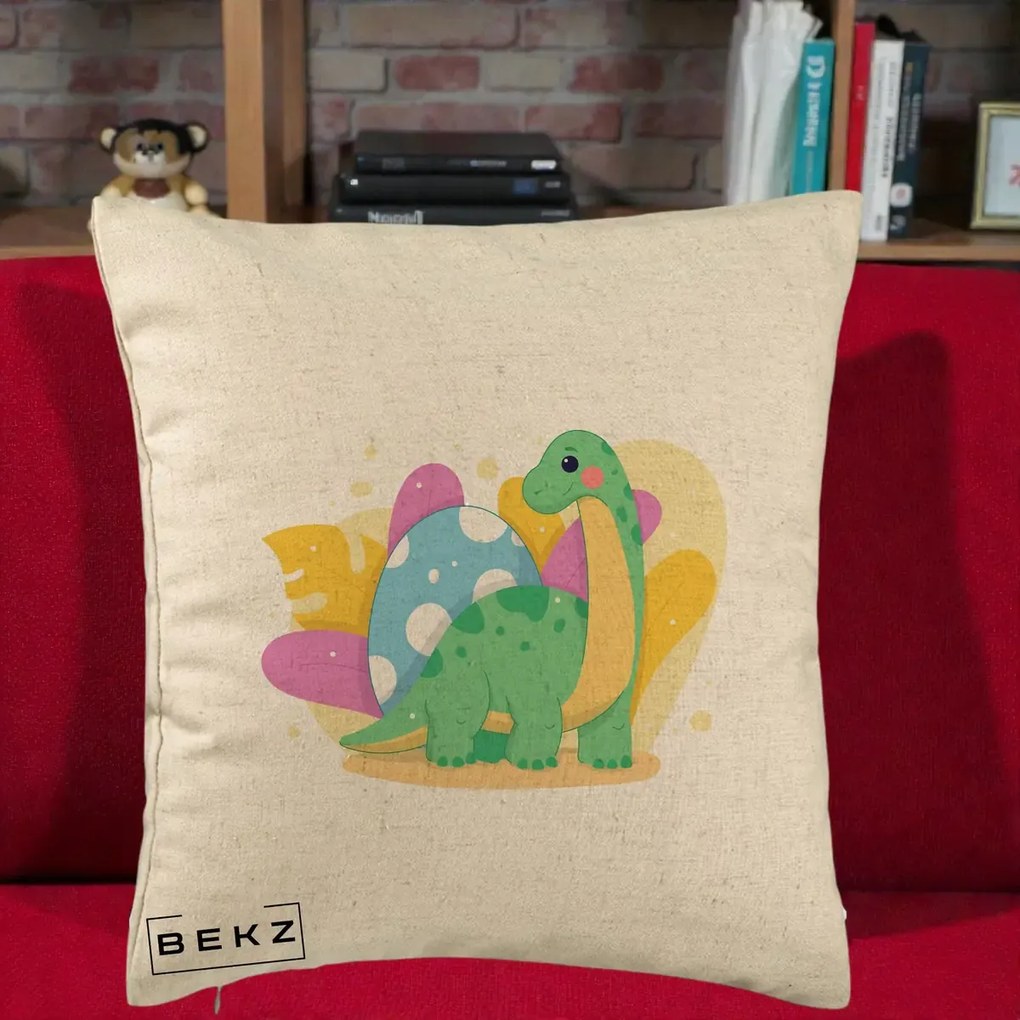 Perna Personalizata Dinozaur cu Ou Pastelat, 40x40 cm, Bej, Husa Detasabila, Perna Inclusa, BEKZ®