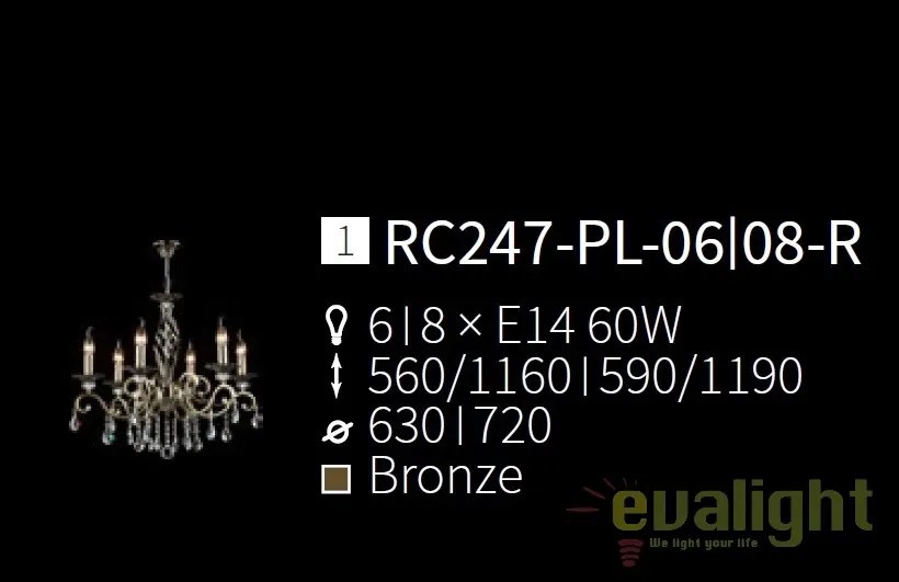Candelabru elegant design clasic cu 8 brate Grace bronz MYRC247-PL-08-R