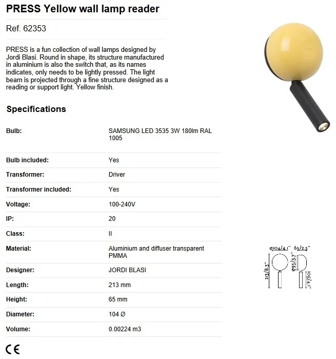 Aplica cu reader LED stil modern minimalist PRESS Yellow