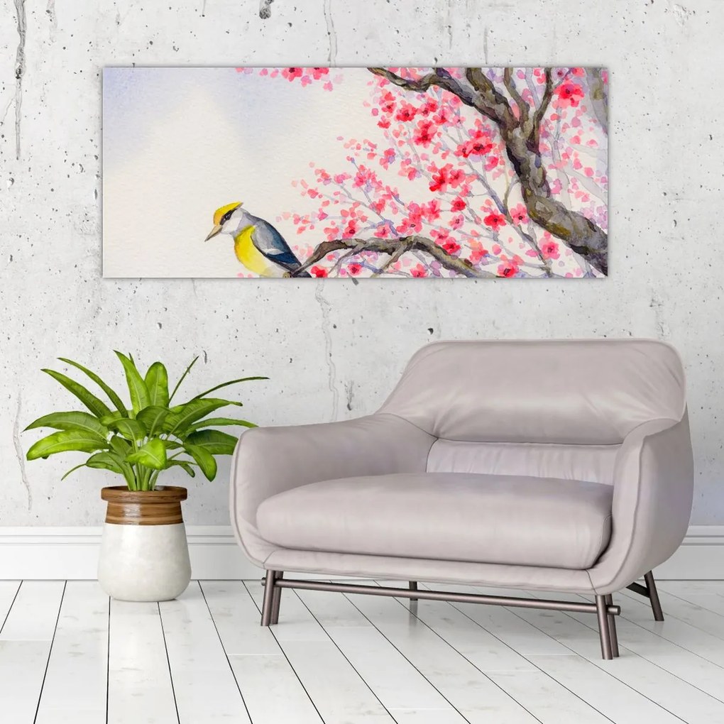 Tablou - Pasăre pe un copac cu flori roșii (120x50 cm)