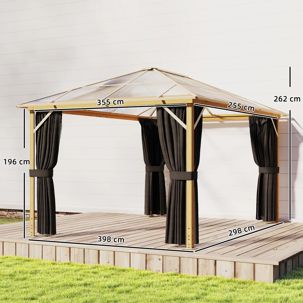 Outsunny Pavilion de grădină cca. 4x3 m Aluminiu cu acoperiș din policarbonat 6 mm, plasă anti-țânțari, 4 laterale, aspect lemn, Lemn natural | Aosom Romania