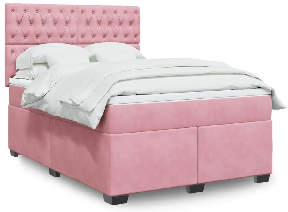 vidaXL Pat box spring cu saltea, roz, 140x200 cm, catifea