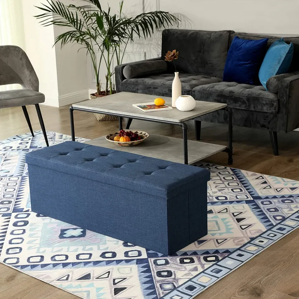 Bancheta cu spatiu depozitare, textil / MDF, albastru marin, Songmics
