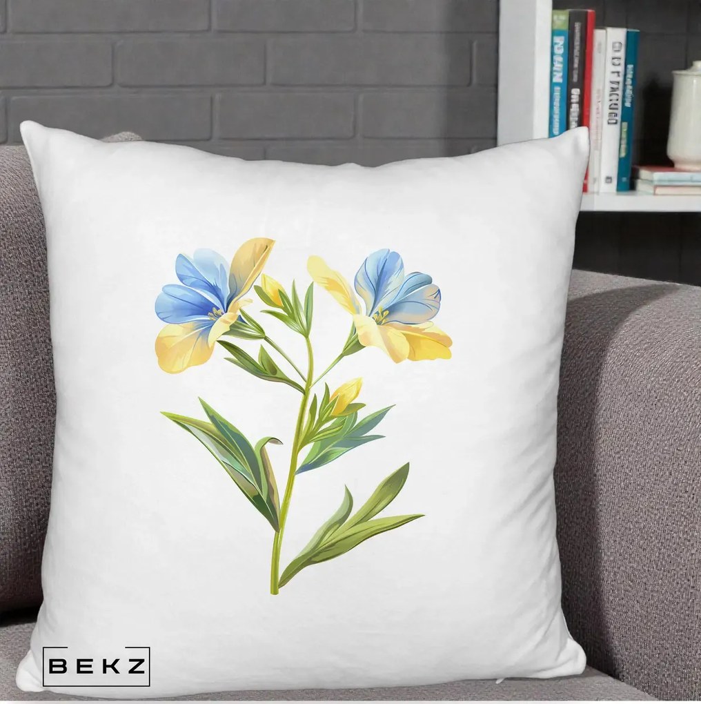 Perna Decorativa Botanica Frezie Galbena si Albastra, 40x40 cm, Alb Pufos, Husa Detasabila, Perna Inclusa, BEKZ®