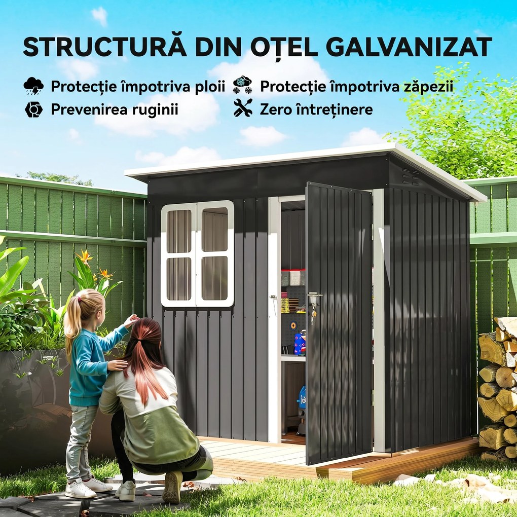 Outsunny Căsuță de Grădină 2,55m² din Oțel Zincat cu Kit de Fundație, Ușă Blocabilă, Acoperiș Înclinat, Gri | Aosom Romania