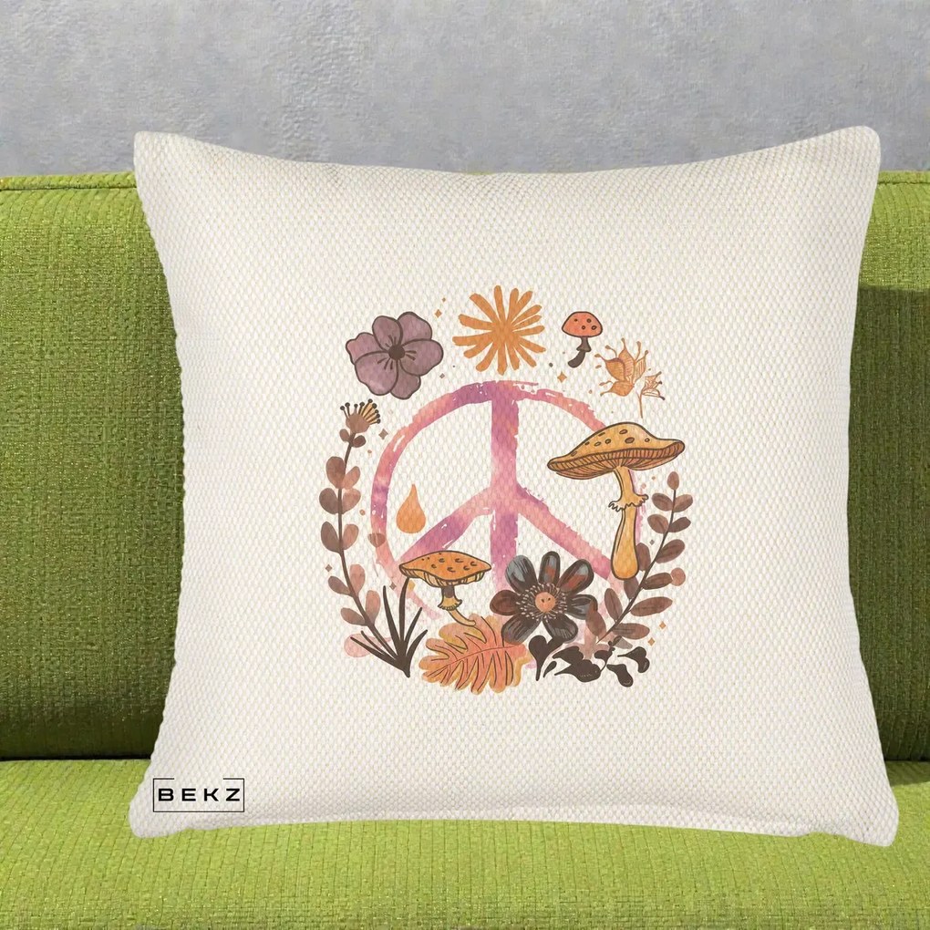 Perna Decorativa Peace Ciuperci Boho, 40x40 cm, Crem Reliefat, Husa Detasabila, Perna Inclusa, BEKZ®