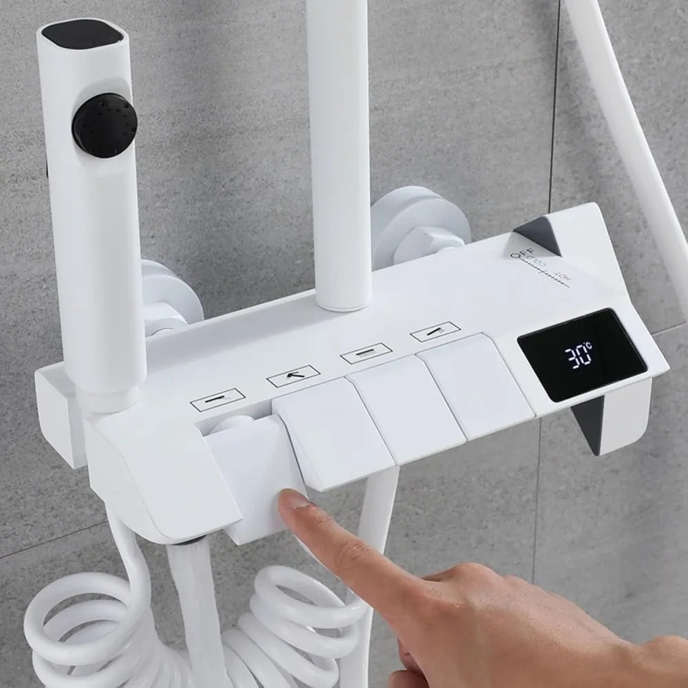 Coloană de duș, 4 funcții, efect ploaie, afișaj digital, Alb