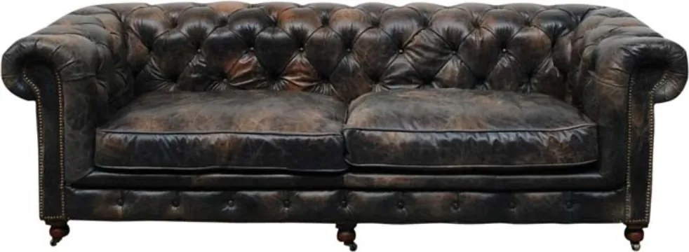 Canapea Chesterfield 3 locuri din piele naturală maro închis, cu perne de șezut detașabile și picioare pe roți, 78 x 242 x 96 cm, „St James”