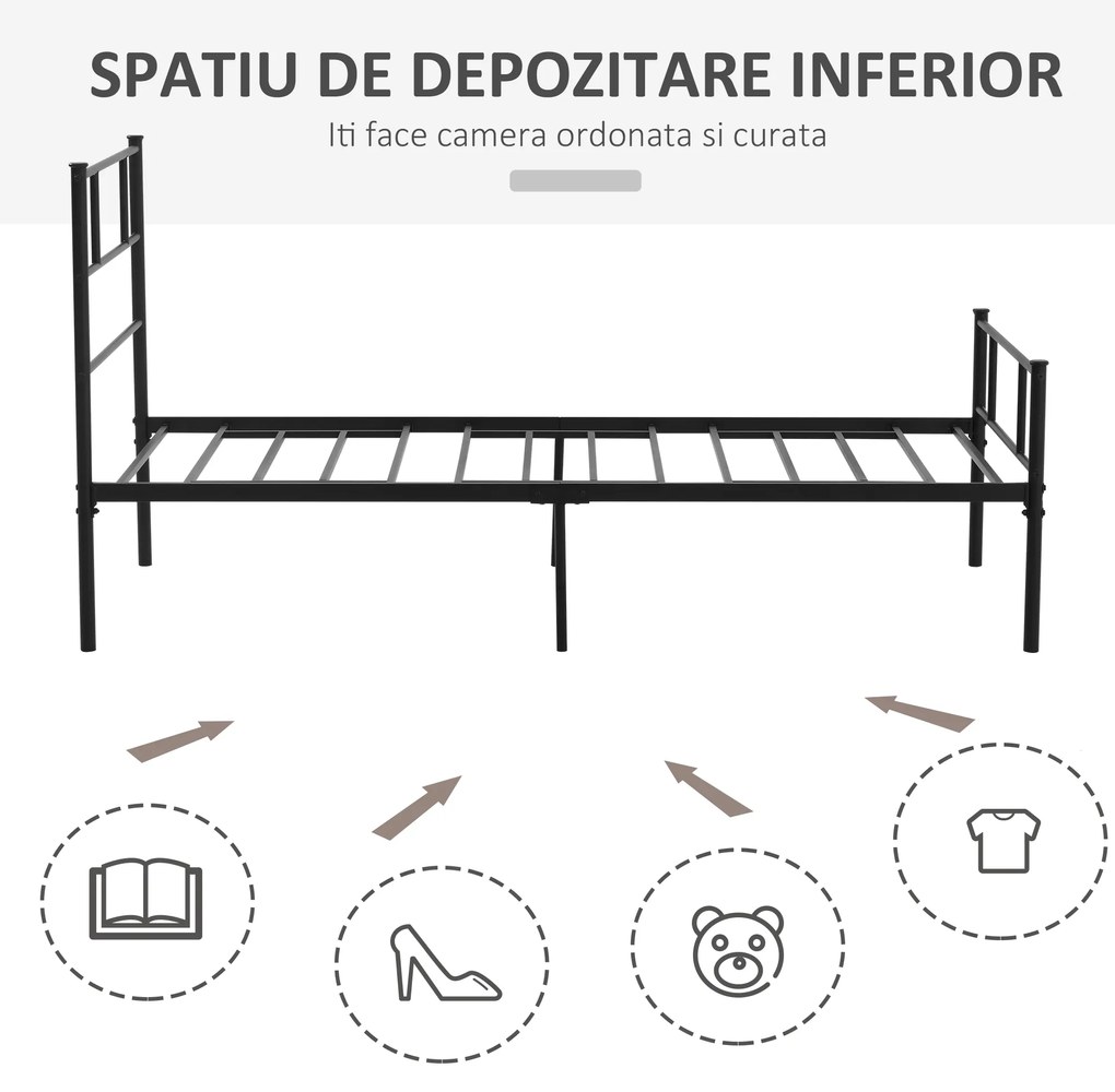 Cadru de Pat de o Persoana HOMCOM 90x200cm din Otel, Sipci Integrate, Negru | Aosom Romania