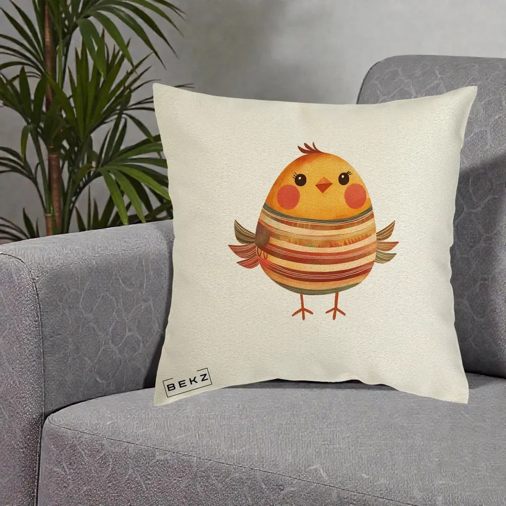 Perna Decorativa Pui Kawaii Portocaliu Dungi Calde, 40x40 cm, Ecru, Husa Detasabila, Perna Inclusa, BEKZ®