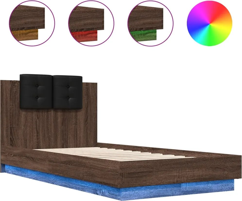 vidaXL Cadru de pat cu tăblie și lumini LED, stejar maro, 90x190 cm