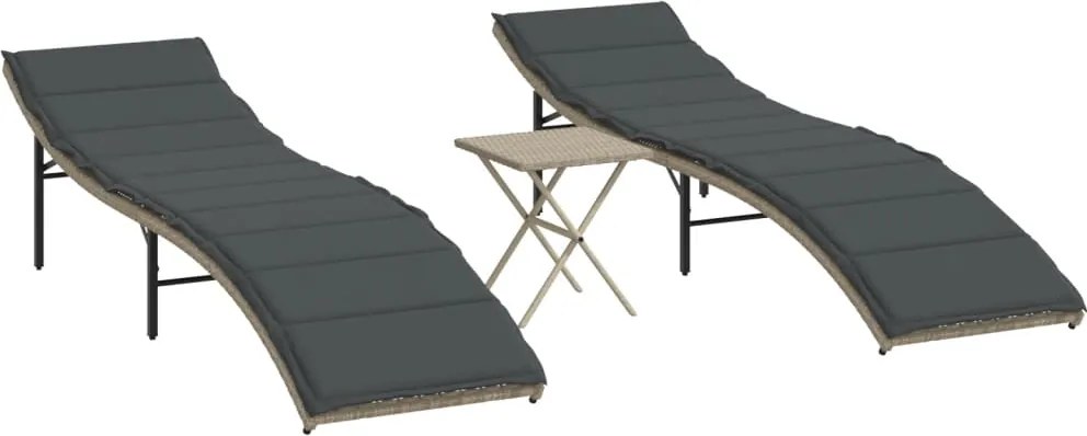 vidaXL Șezlonguri, 2 buc., cu masă, gri deschis, poliratan