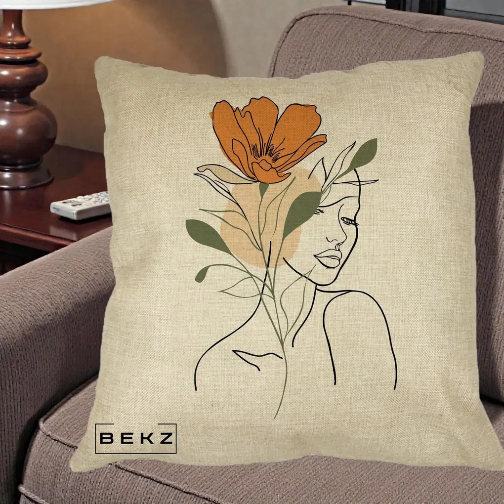 Perna Decorativa Portret Feminin Floare Portocalie, 40x40 cm, Crem, Husa Detasabila, Perna Inclusa, BEKZ®