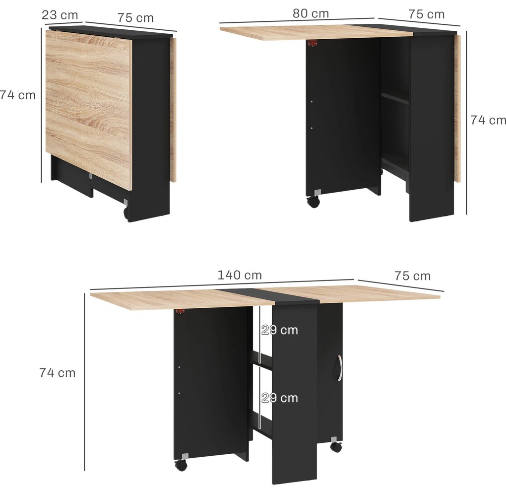 HOMCOM Masă Pliabilă pentru 4-6 Persoane, cu 2 Roți, Masă Rabatabilă cu 2 Rafturi pentru Depozitare, 140x75x74 cm, Negru | Aosom Romania