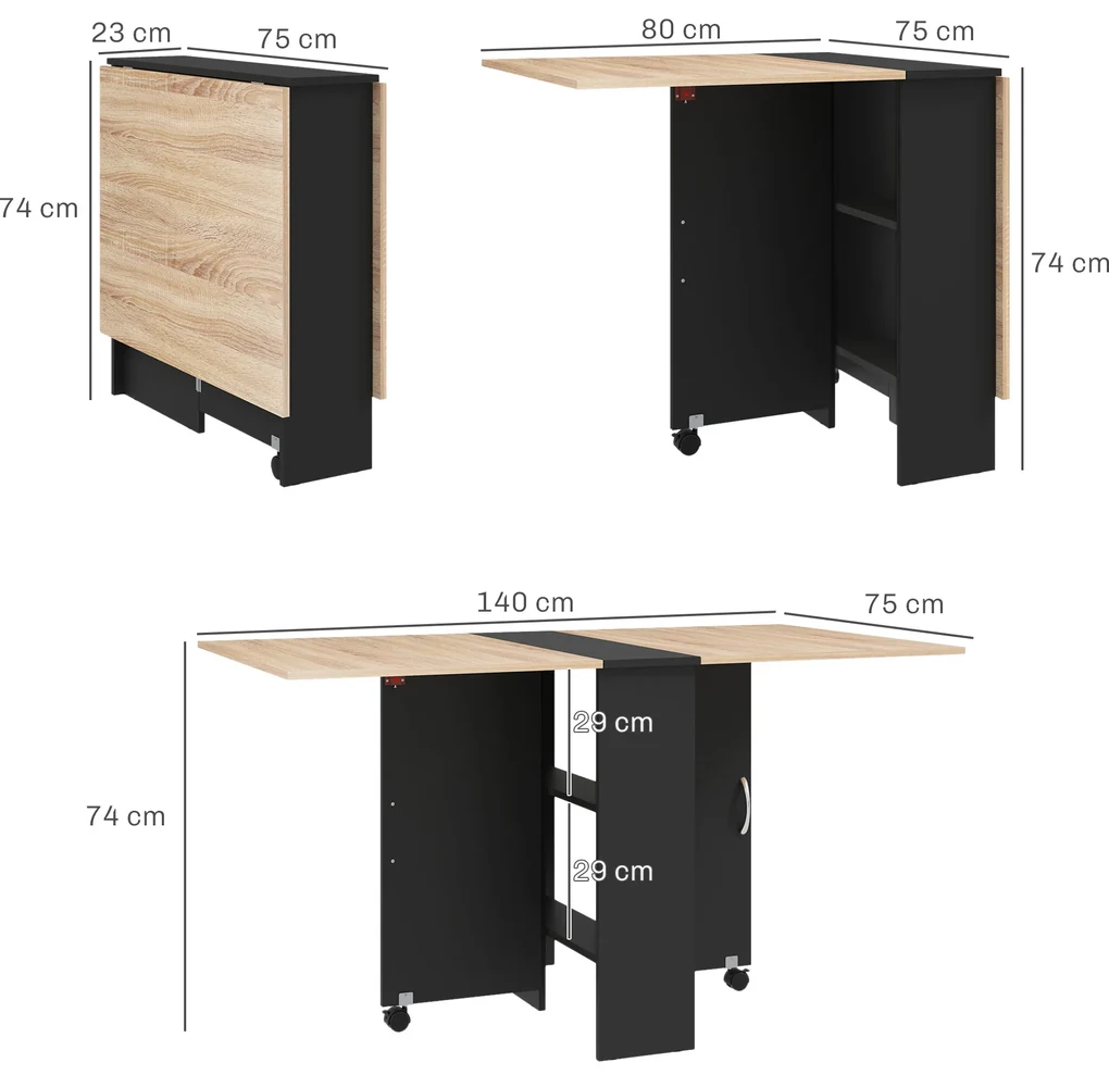 HOMCOM Masă Pliabilă pentru 4-6 Persoane, cu 2 Roți, Masă Rabatabilă cu 2 Rafturi pentru Depozitare, 140x75x74 cm, Negru | Aosom Romania