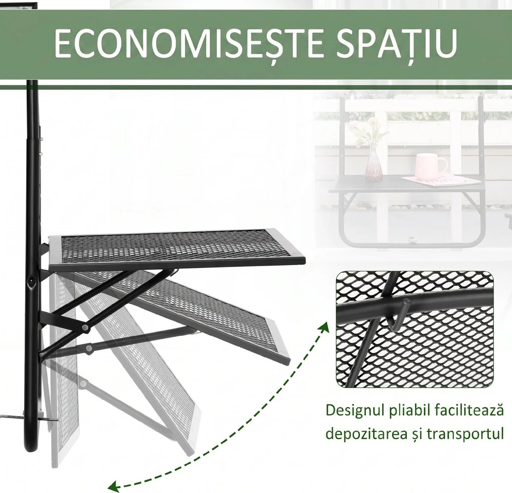 Outsunny Masă Pliabilă pentru Balustradă sau Balcon, din Metal, Reglabilă în Înălțime, 60x60x57-72cm, Negru | Aosom Romania