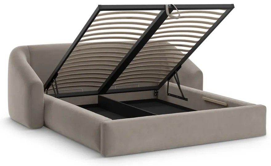 Pat matrimonial maro deschis tapițat cu spațiu de depozitare cu somieră 140x200 cm Campi – Cosmopolitan Design