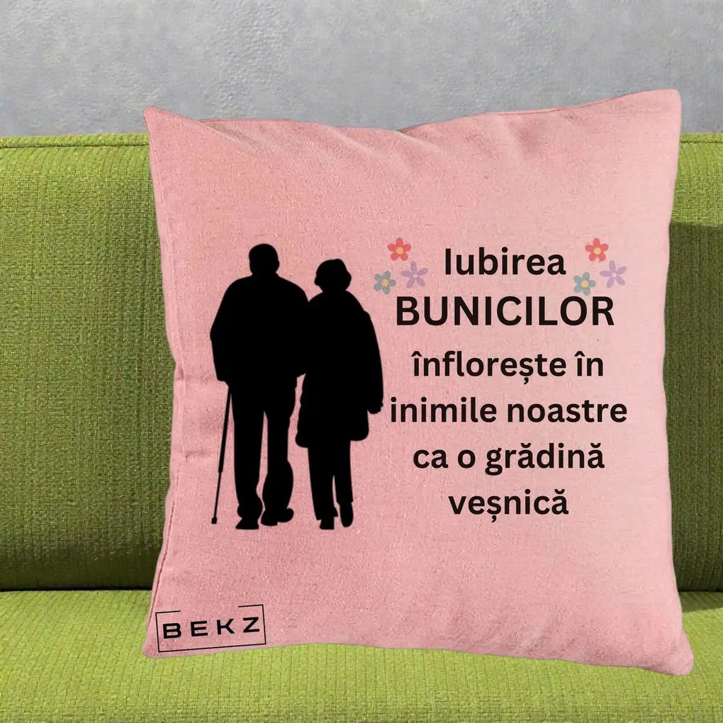 Cadou pentru Bunici - Perna Personalizata Bunicii Iubirea Infloreste Silueta Neagra Flori, 40x40 cm, Roz, Husa Detasabila, Perna Inclusa, BEKZ®