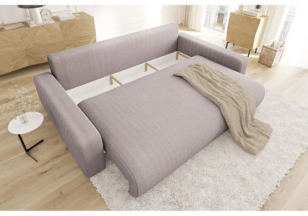Canapea roz-deschis extensibilă, cu spațiu de depozitare, cu tapițerie din catifea reiată 234 cm Sara – Ropez