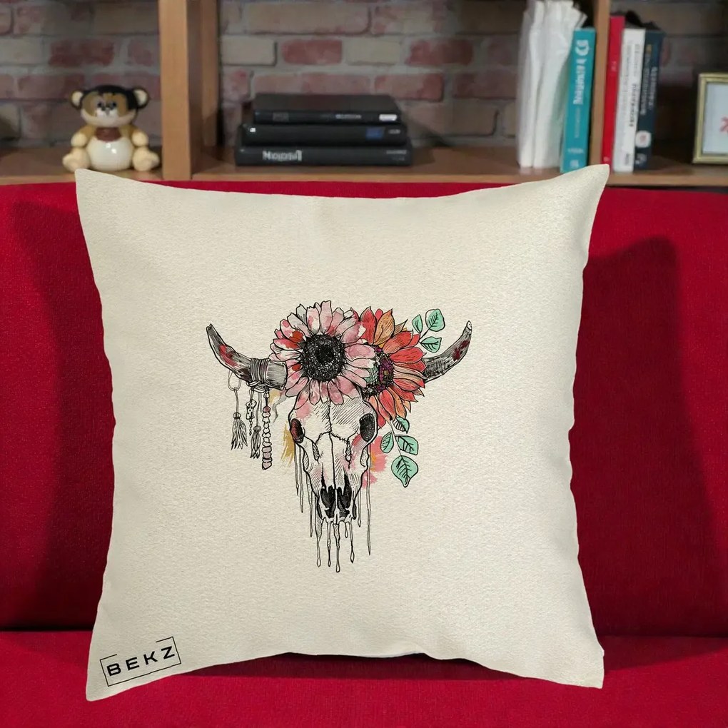 Perna Decorativa Craniu Boho Floral, 40x40 cm, Ecru, Husa Detasabila, Perna Inclusa, BEKZ®
