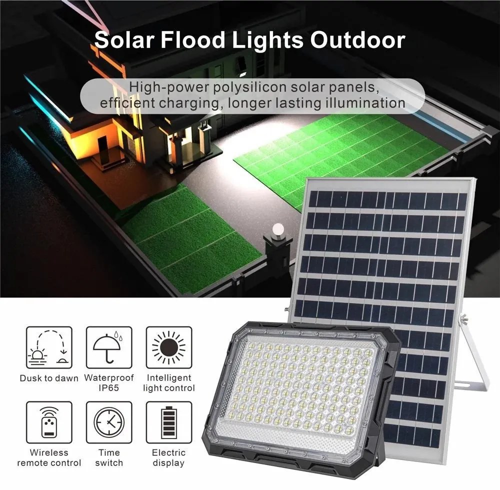 Proiector LED cu Panou Solar și Telecomandă, Rezistent la Apă IP65, 300W